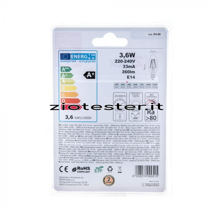 Lampadina Oliva LED Filamento Clear 4W Equivalente a 33W E14 (2 pz.) retro