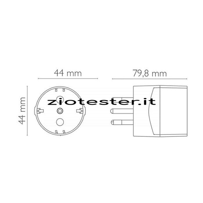 Adattatore da Presa Schuko a Spina 10 A+T dimensioni